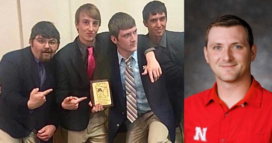 NCTA alum Calvin DeVries celebrates with livestock judging friends and in his current Nebraska Extension role as a 4-H Youth Development Educator.