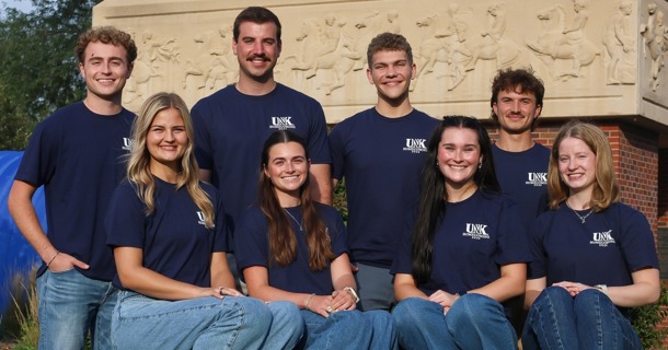 Finalists for UNK homecoming royalty are, front row from left, Kyla Kenney, Liz Lyons, Addison Chapman and Paige Oltmans; back row from left, Brodie Mitchell, Shawn Rathjen, Caleb Rother and Eli Bond. (Photo by Erika Pritchard, UNK Communications)