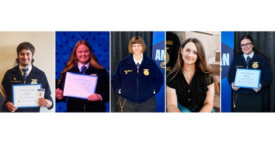 From left to right: Nebraska College of Technical Agriculture students Conrad Burrow, Hailey Loutzenhiser, Sydney Sybrant, Layna Wear and Paisley Zodrow received their American FFA Degrees during the 99th National FFA Convention in Indianapolis.