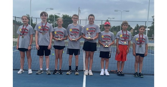 Award Winners - Pictured Left to Right: Ashlyn Roth girls singles runner-up Sam Kary boys singles runner-up Kassidy Porter girls singles champion Titus Donelan boys singles champion Harper Arterburn girls singles champion Landry Mendenhall boys singles champion Everett Hanson boys singles runner-up Brekyn Ruppert girls singles runner-up