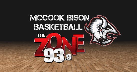 Basketball court floor in the background with the words McCook Bison Basketball on the top and the bison mascot below and to the right with the Zone 93.3 log on the left.